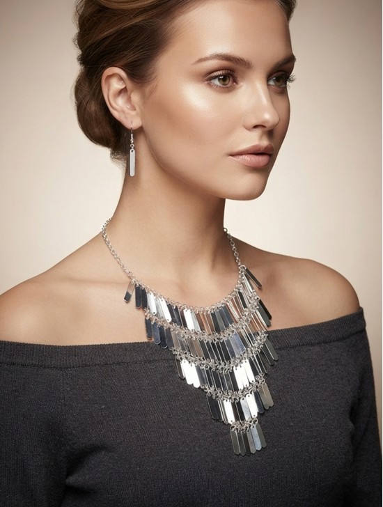 SILVER DRAPE NECKLACE EARRING SET